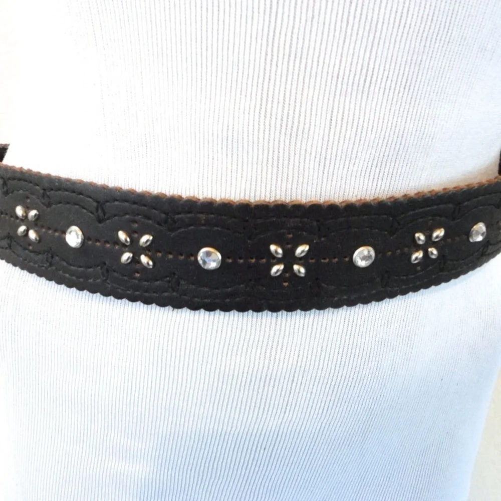 VINTAGE Boho Rocker CHIC Black Silver Studded Gem Layering Belt S/M